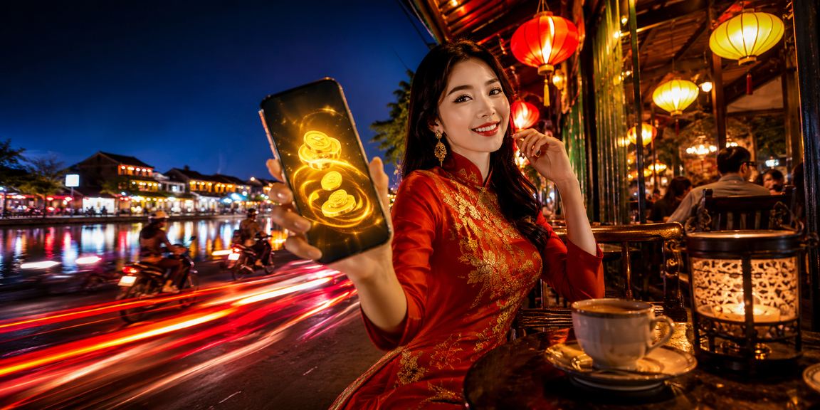Người dùng thưởng thức cà phê và tham gia cá cược trực tuyến tại Hội An